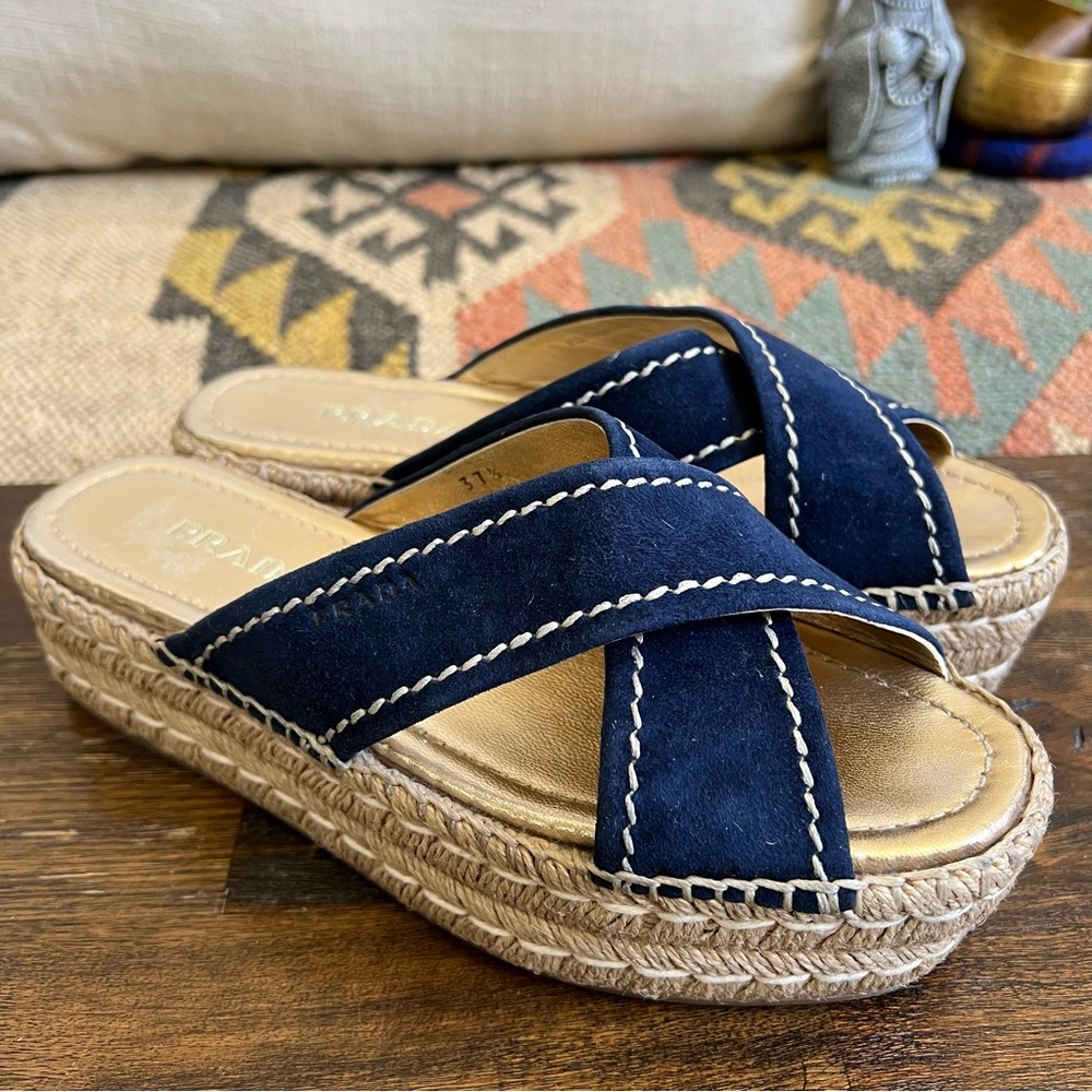 PRADA Blue Suede Exposed Stitch Crisscross Platform Sandals Espadrilles 37.5
